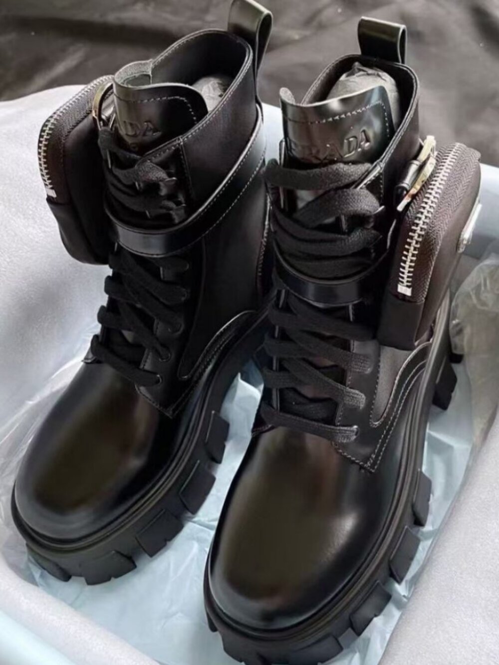 Prada Platform Lug Sole Side Pocket Combat Ankle Boots